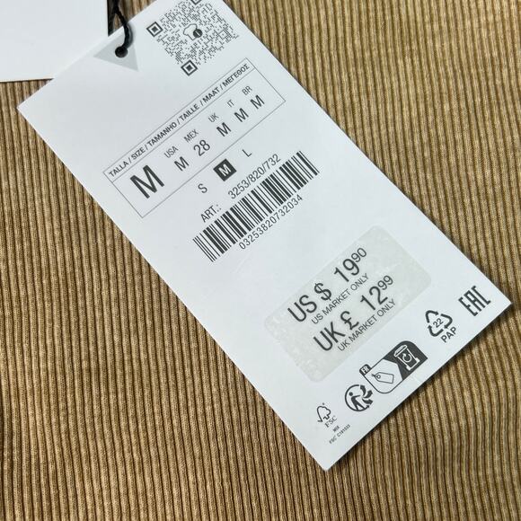 Zara Size Medium Tan Rib Knit Distressed Basic Fitted TShirt Top Cotton Stretch - Picture 7 of 10